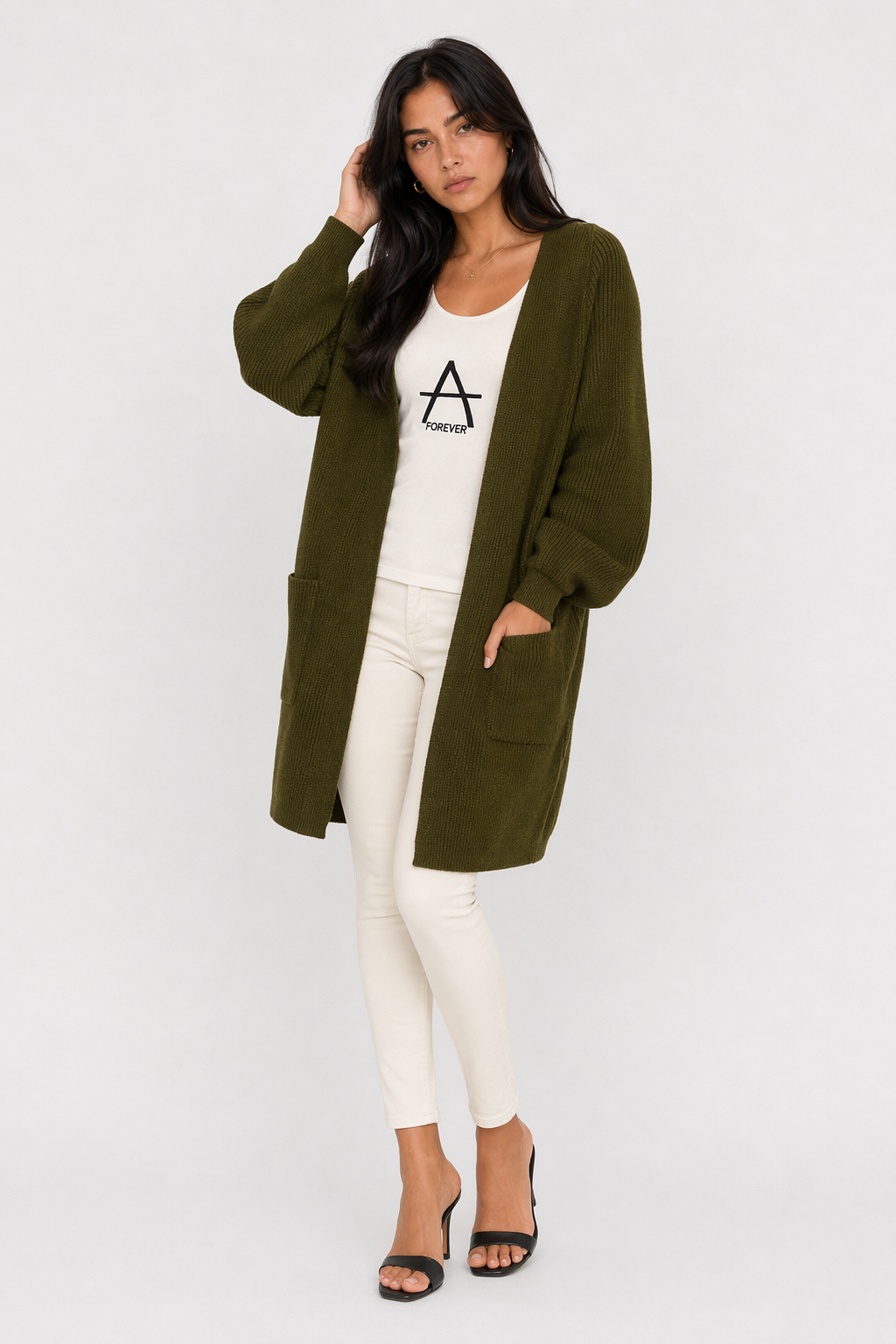 Women's Open Front Cardigan with Mid-Length and Pockets Army Green