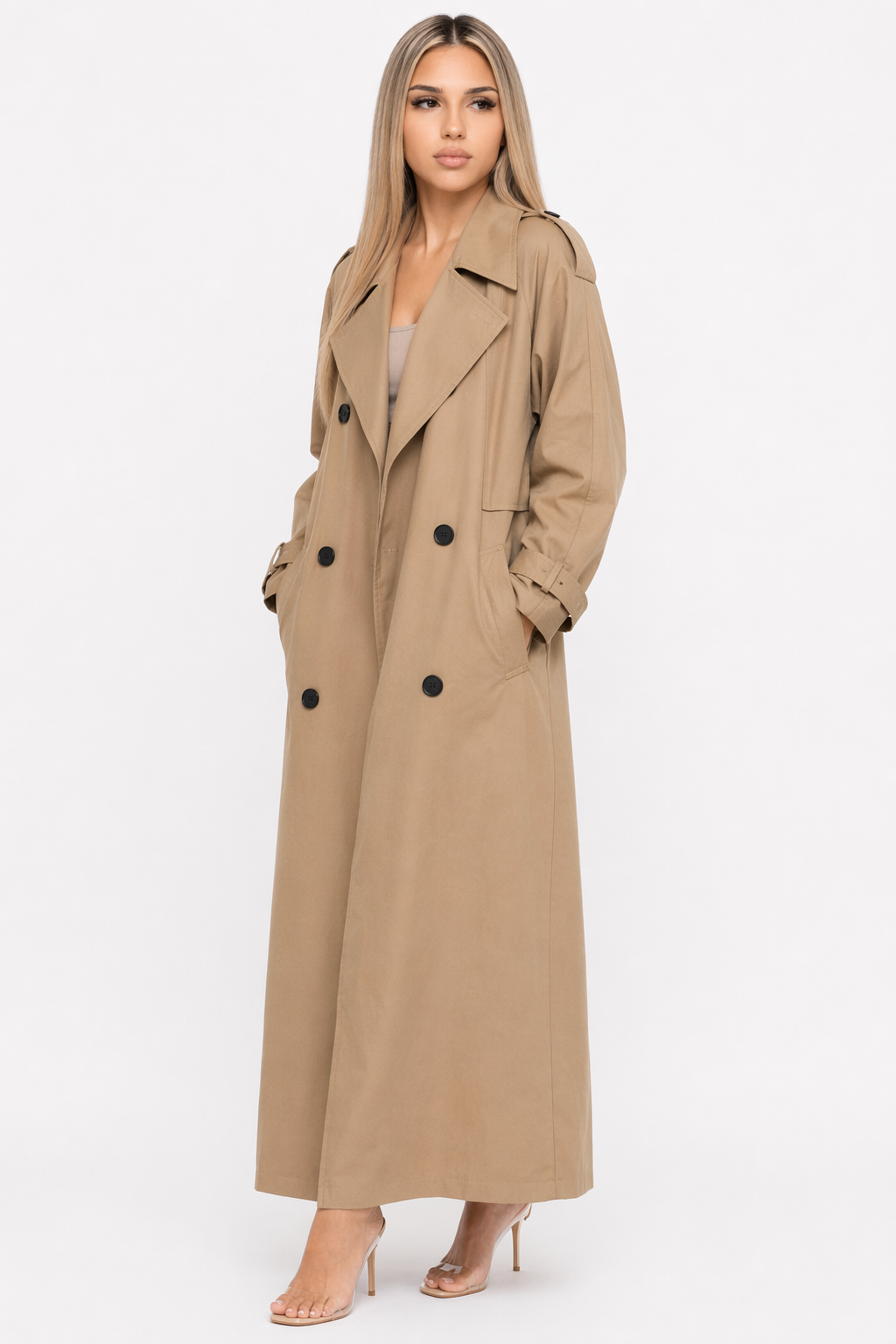 Double-Breasted Long Trench Coat for Women Khaki