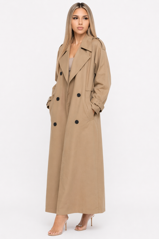 Double-Breasted Long Trench Coat for Women Khaki