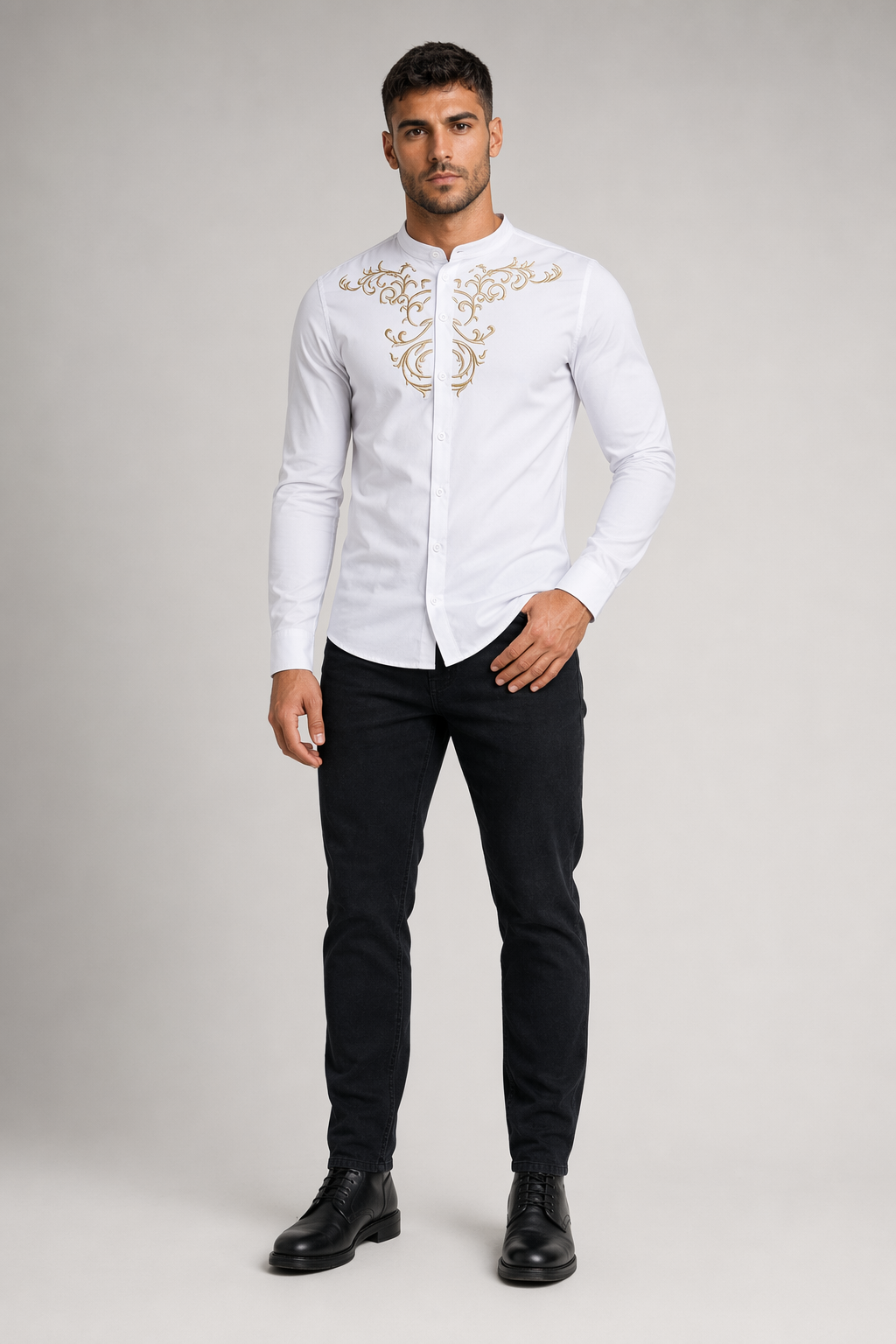 Slim Fit Men's Floral Embroidered Button Down Shirt White