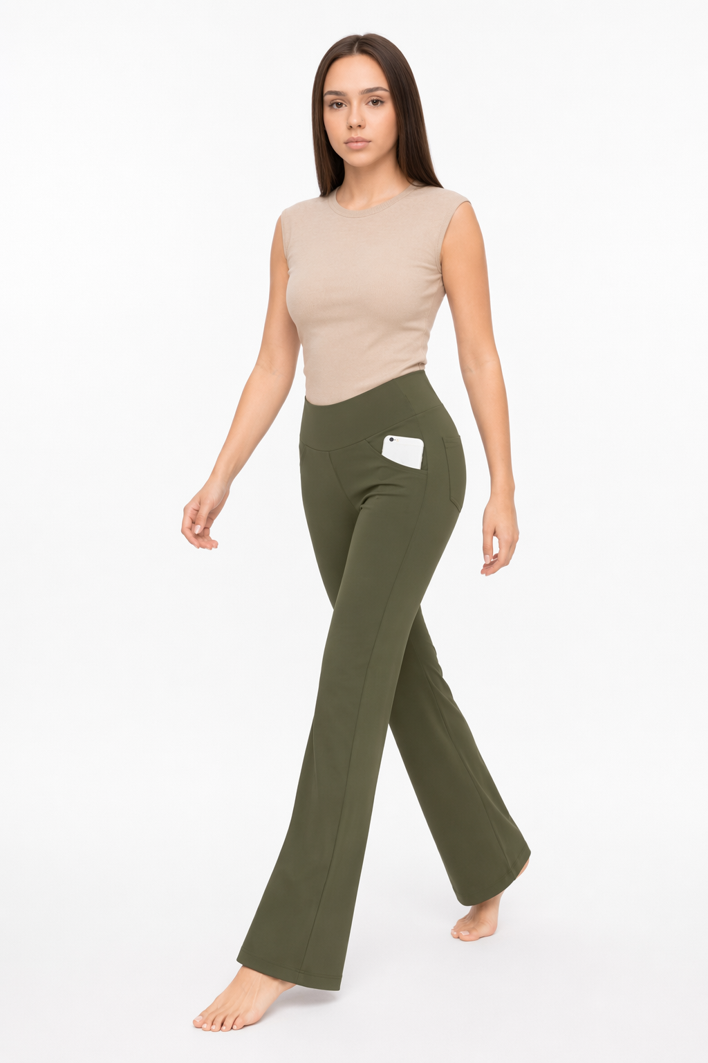 Flattering Straight Flare Yoga Leggings with a High Waist CS-Green