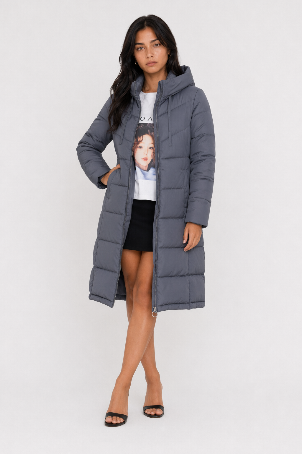 Classic Gray Hooded Puffer Coat for Women Default