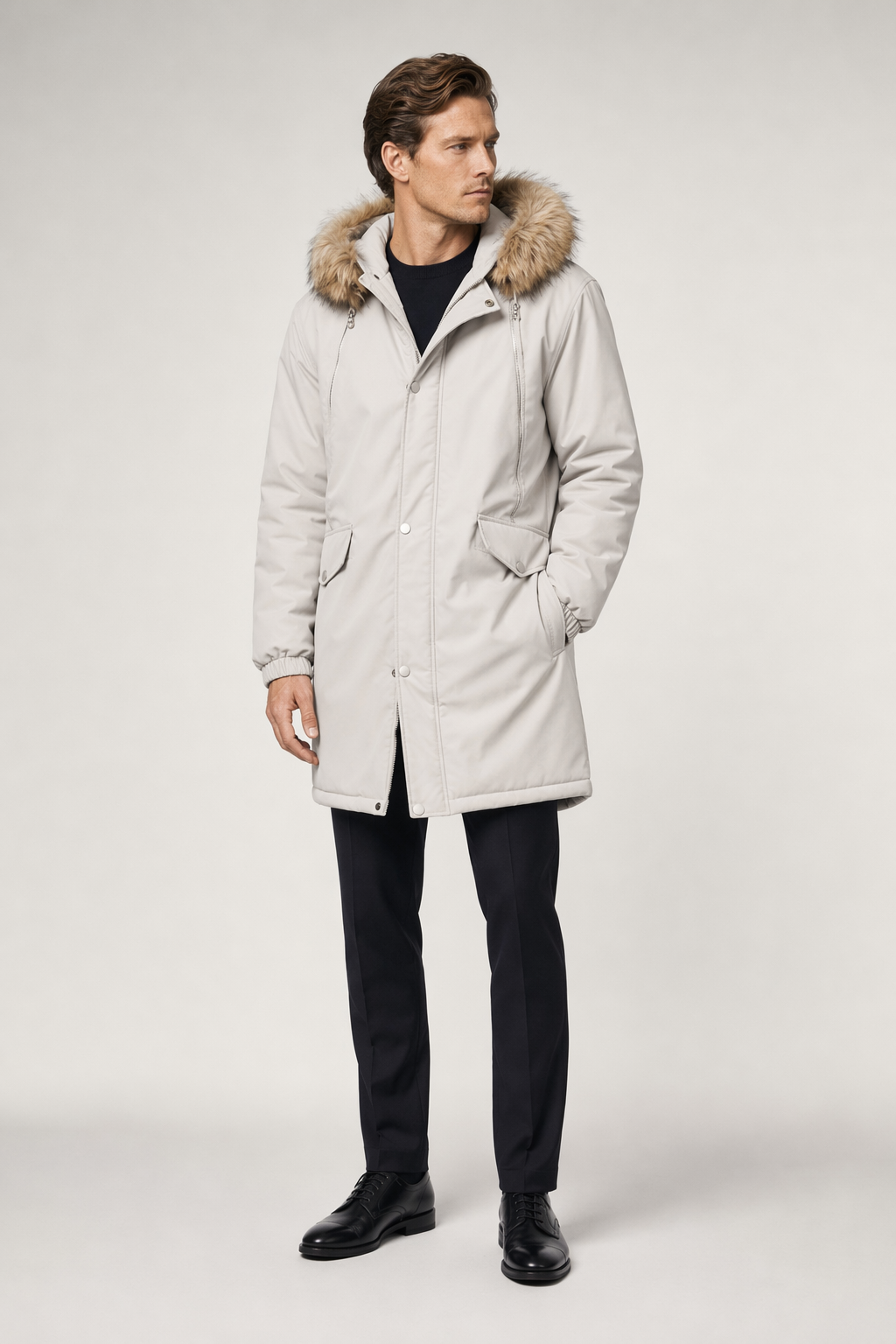 Long Parka Jacket for Men with Faux Fur Hood Light Gray