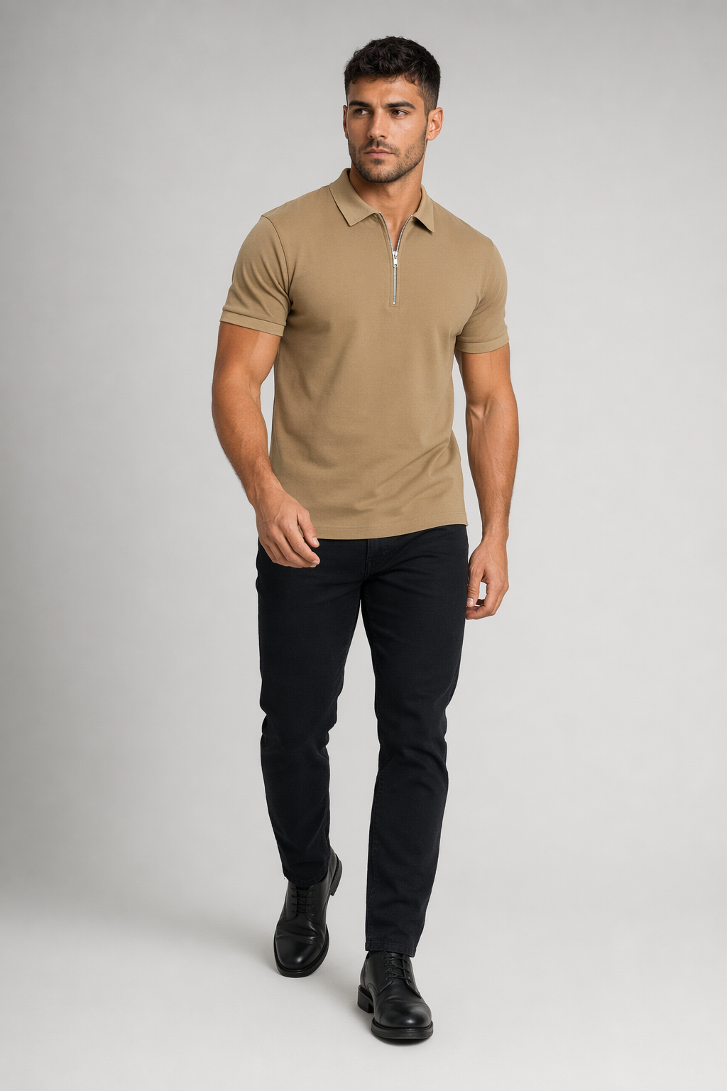 Zipper Polo Shirt for Men with Short Sleeves Khaki