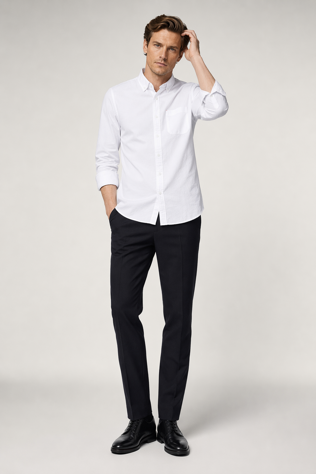 Long Sleeve Men's Button-Up Shirt: Retaining the Essence while Distinguishing from the Original WHITE