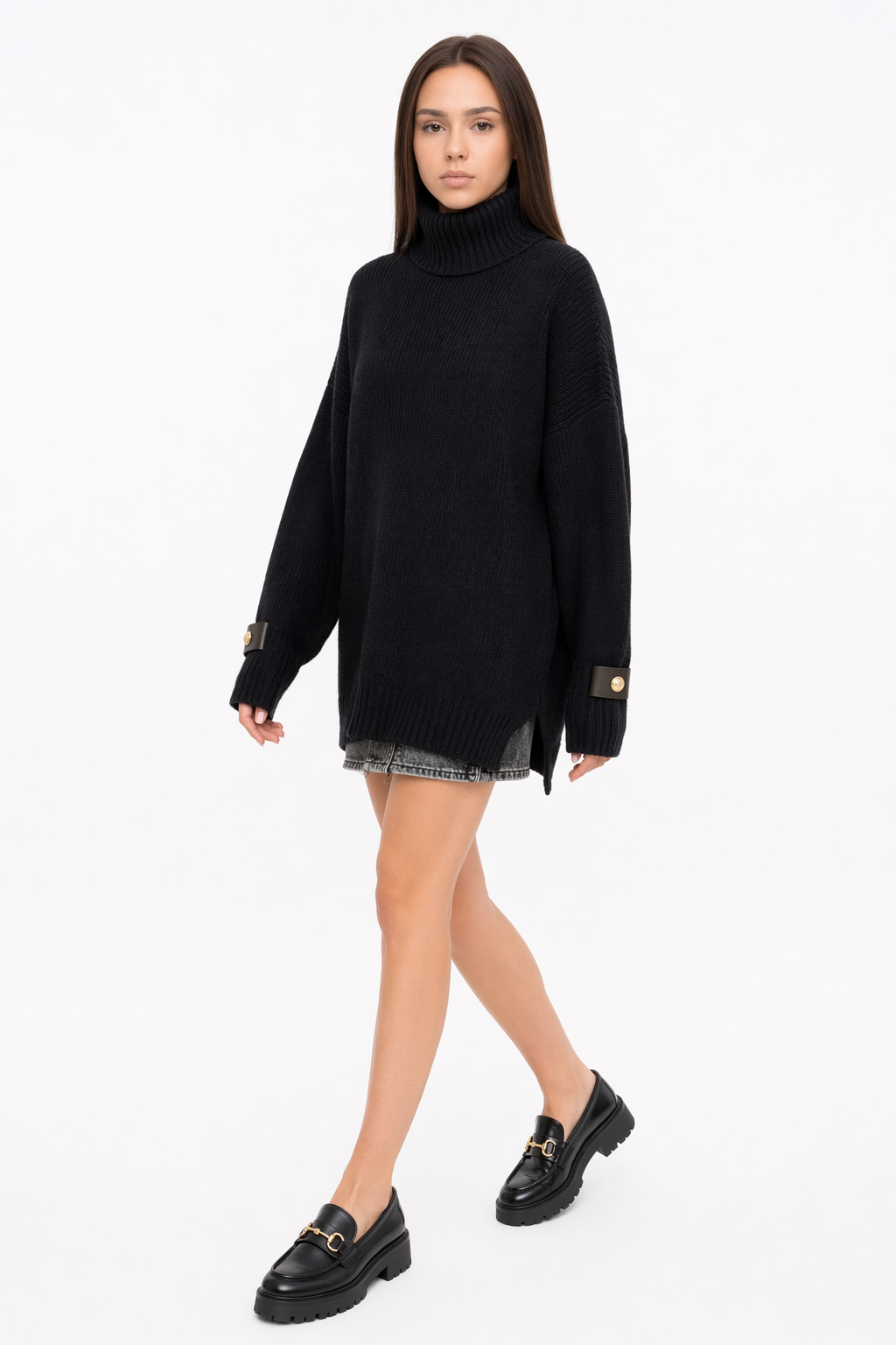 Black Turtleneck Sweater for Women with Unique Embellishments Default