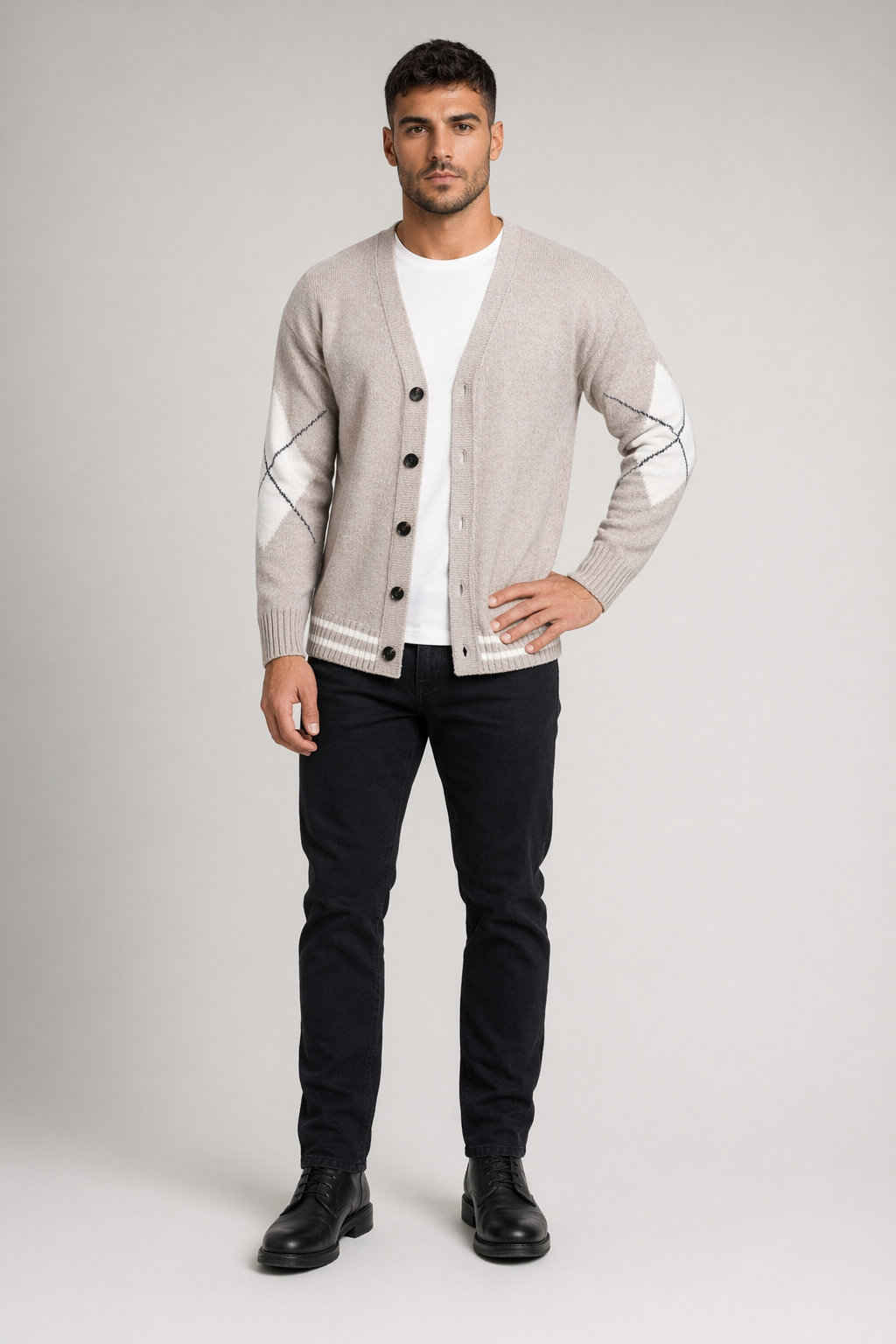 Men's Sweater with Crossed Elbow Patch and V-Neckline Beige