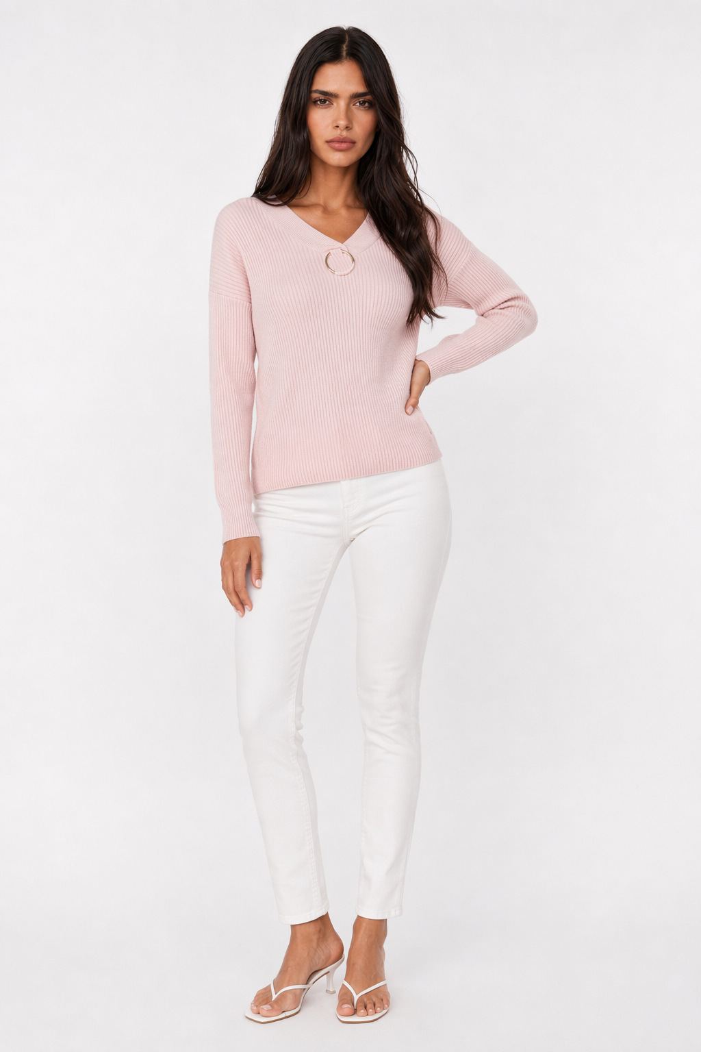 Women's Sweaters with V-Neck Design Pink