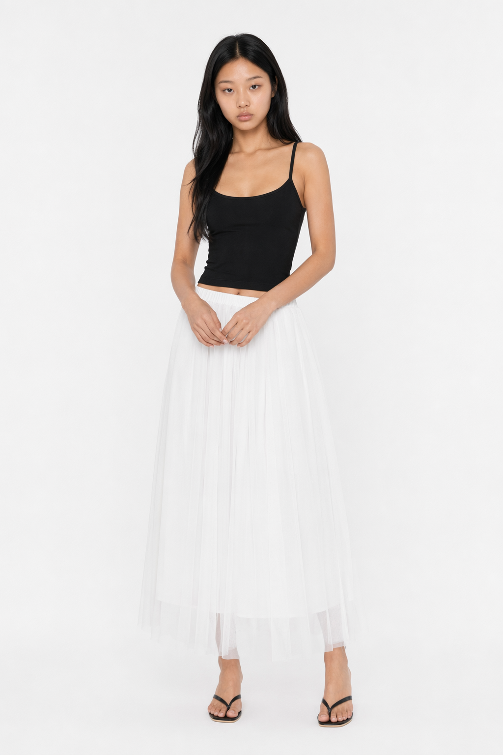 Summer Long Skirt with Elastic Waistband and 3 Layers White