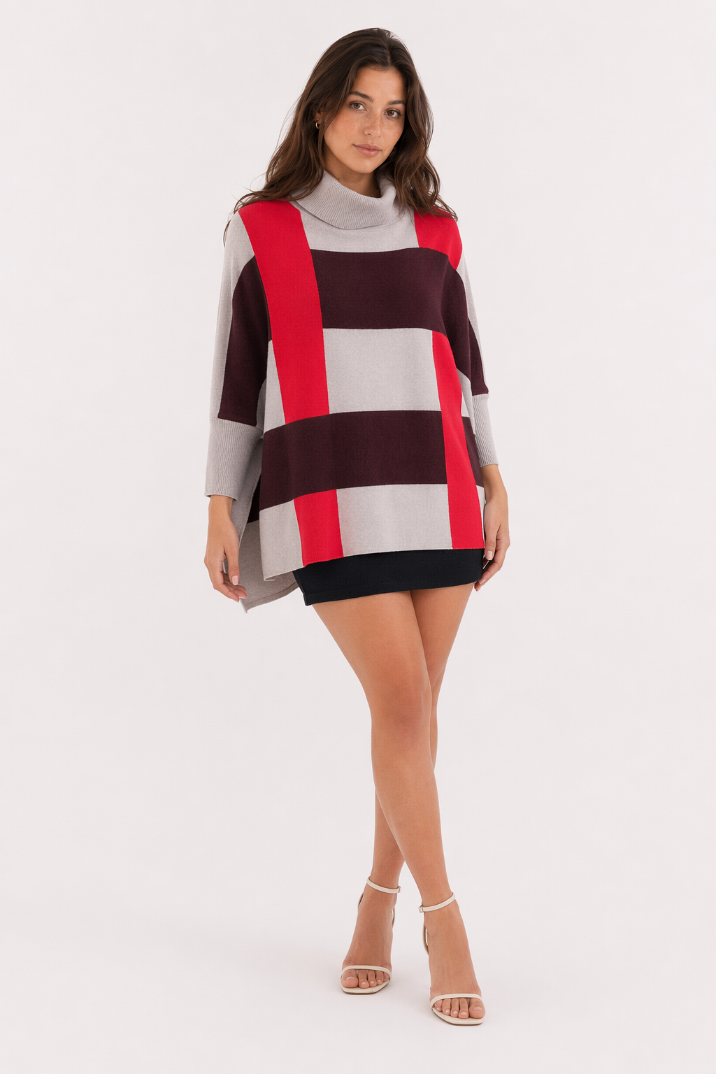 Red Striped Women's Checkered Sweater Cape Default