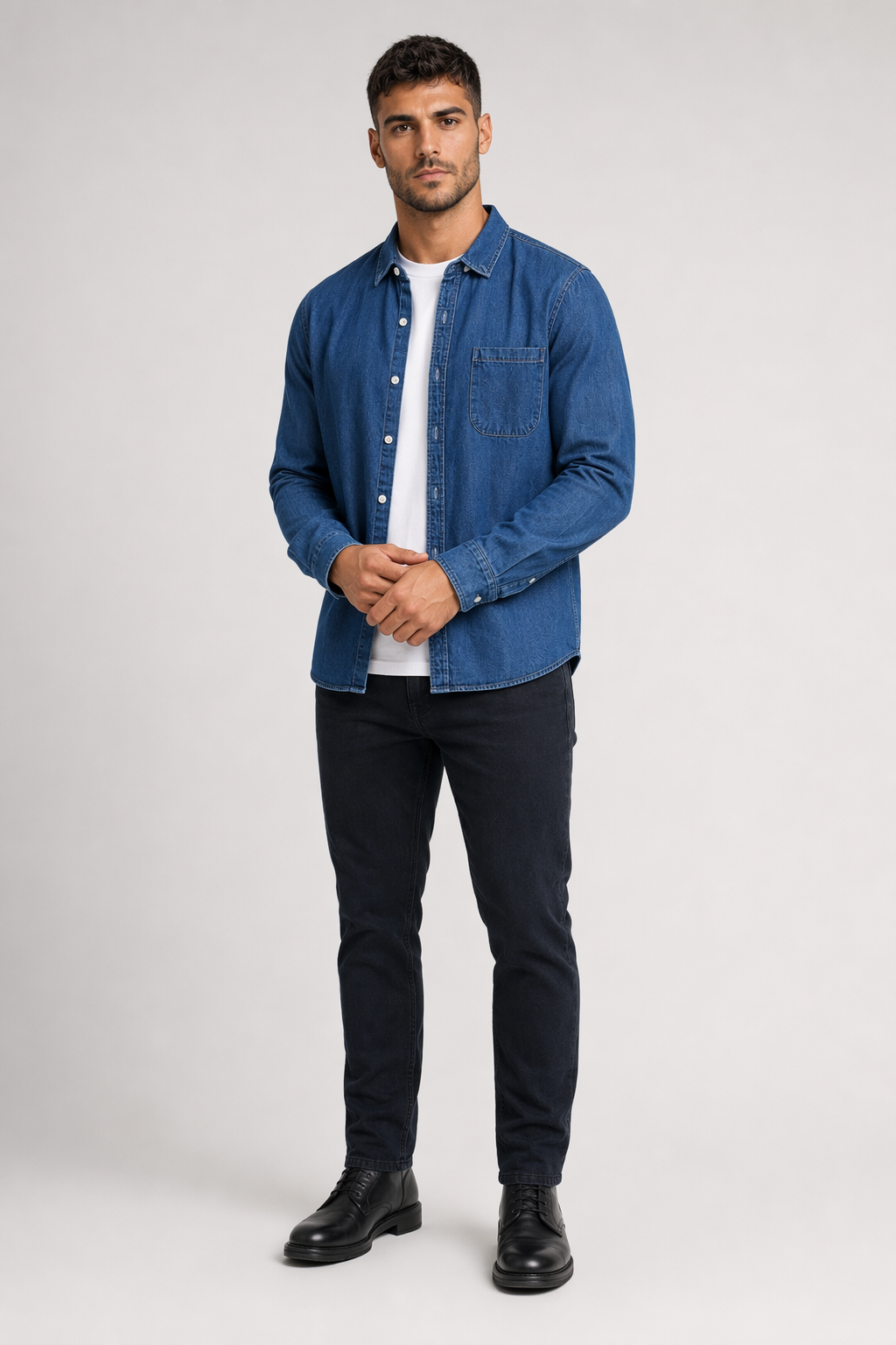 Long Sleeve Denim Shirt with Single Pocket for Men Dark Blue