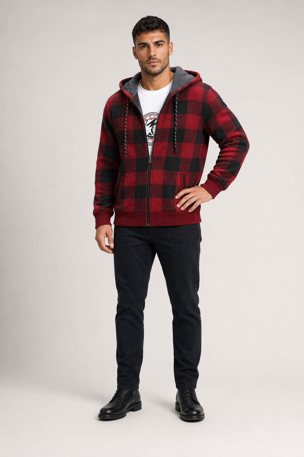 Plaid Zip-Up Jacket for Men with a Hood Red
