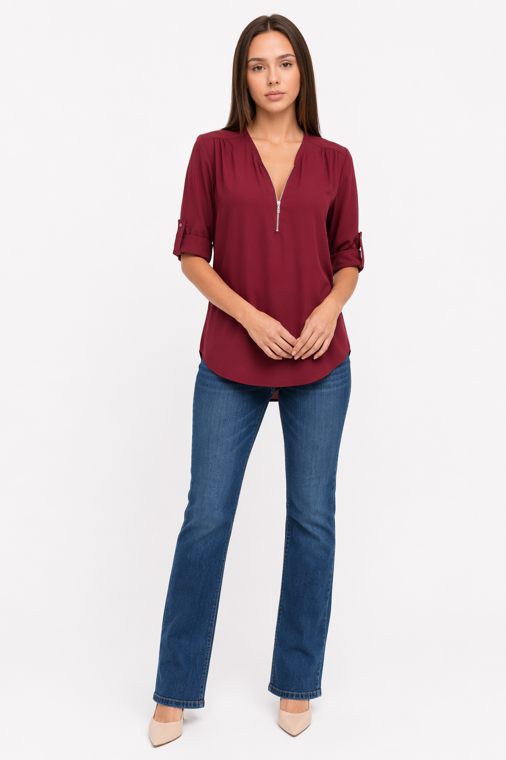V Neck Blouse for Women with Trendy Urban Style Wine