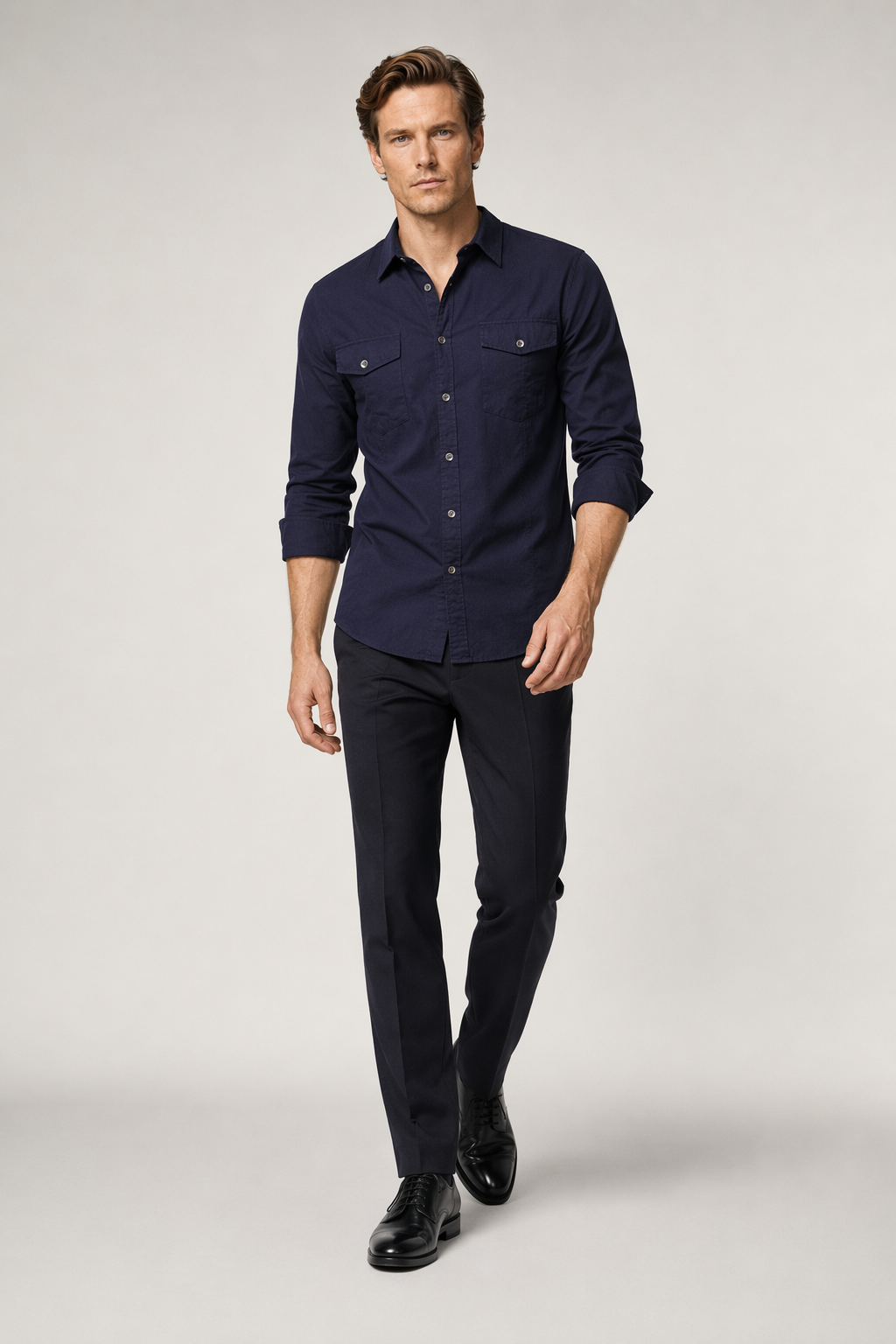 Long Sleeve Military Shirt with Dual Pockets for Men Navy