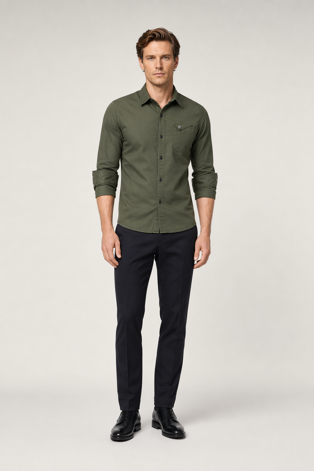 Cotton Button Front Shirt - Long Sleeve Men's Army Green