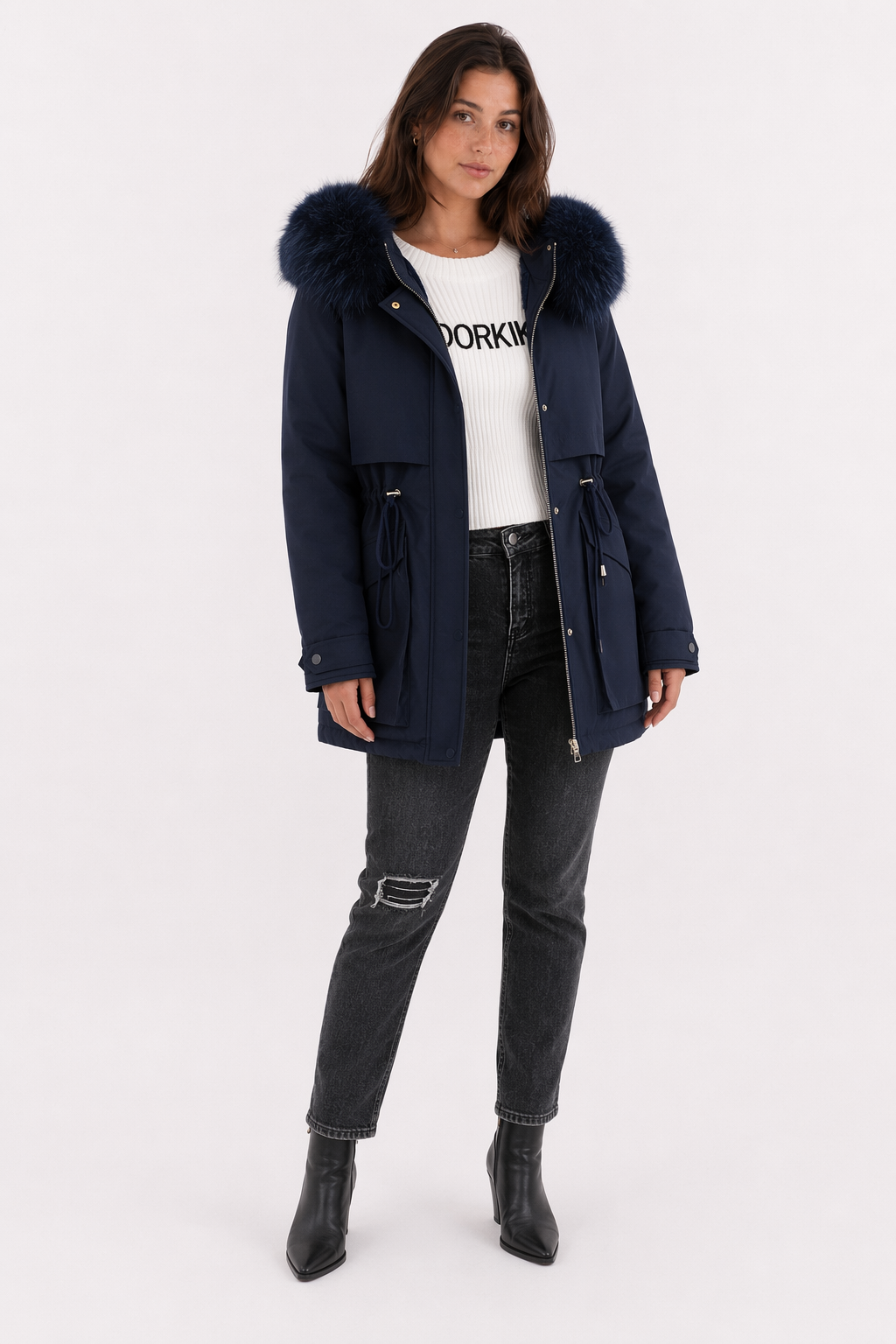 Faux Fur Hooded Women's Jacket with Adjustable Waist Tie Navy