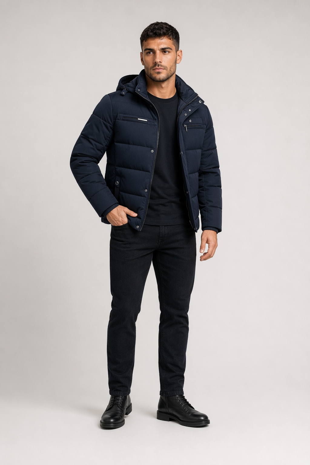 Winter Zip-Up Jacket for Men with Removable Hood Navy
