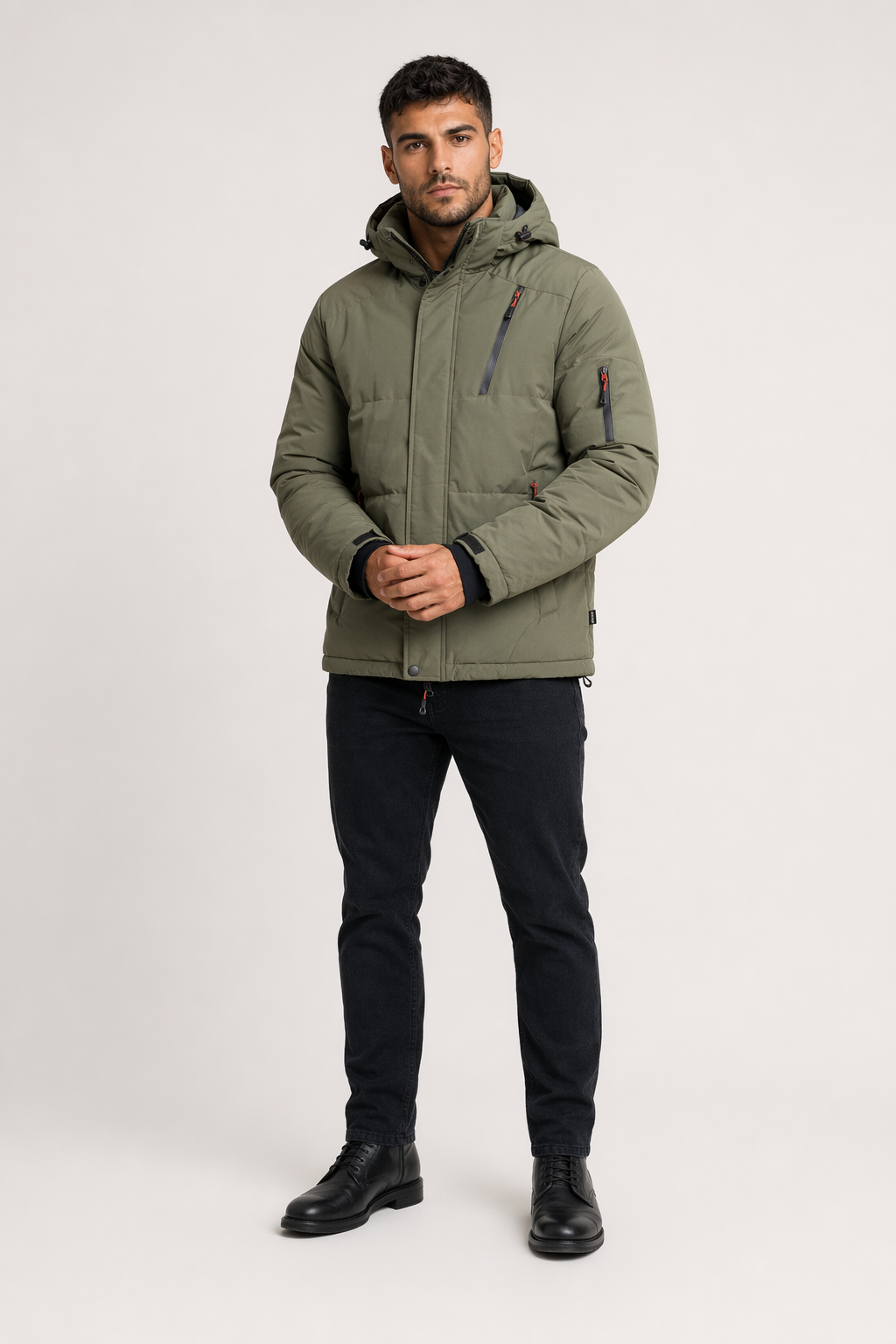 High Collar Men's Puffer Jacket with Detachable Hood Green