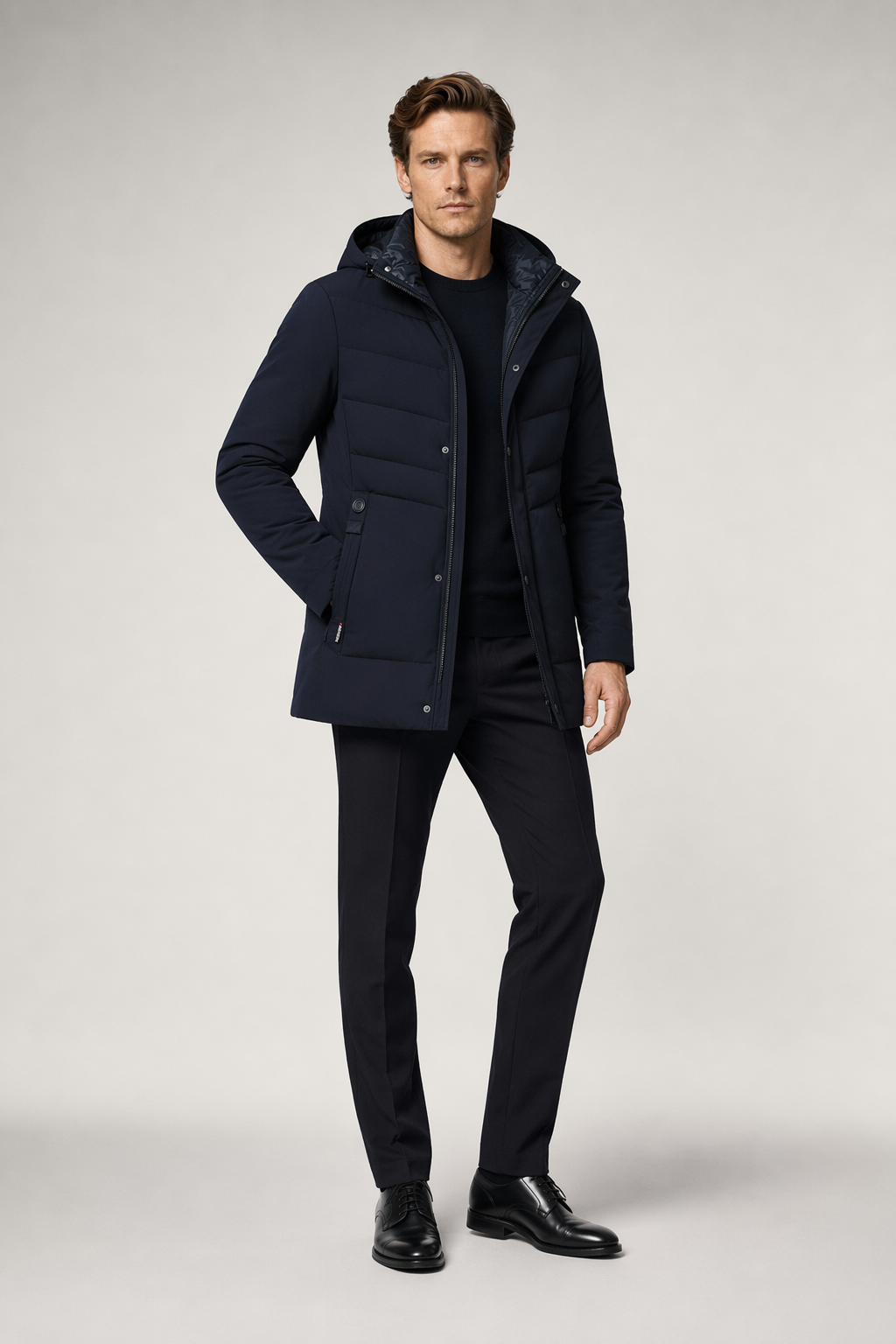 Mid-Length Men's Zip-Up Jacket with Detachable Hood Navy