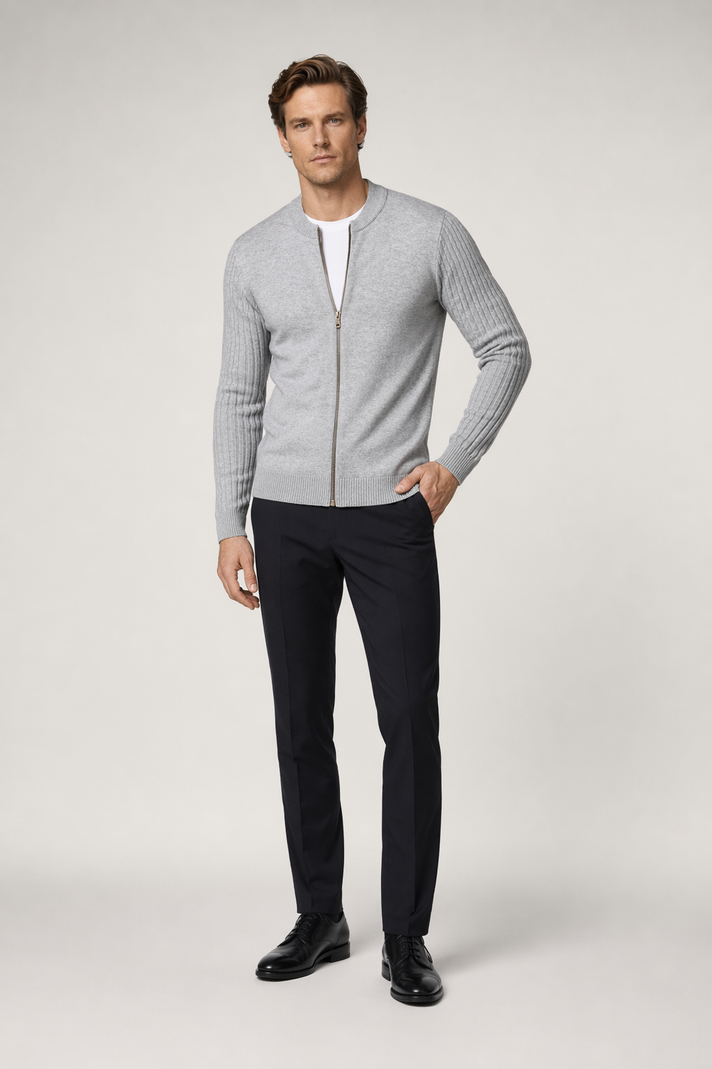 Zip Up Men's Cardigan with Round Neck Gray