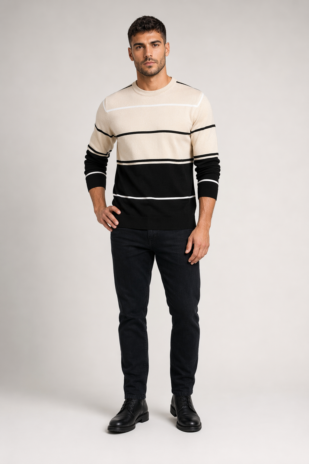 Two-Toned Striped Men's Sweater with Round Neck Beige