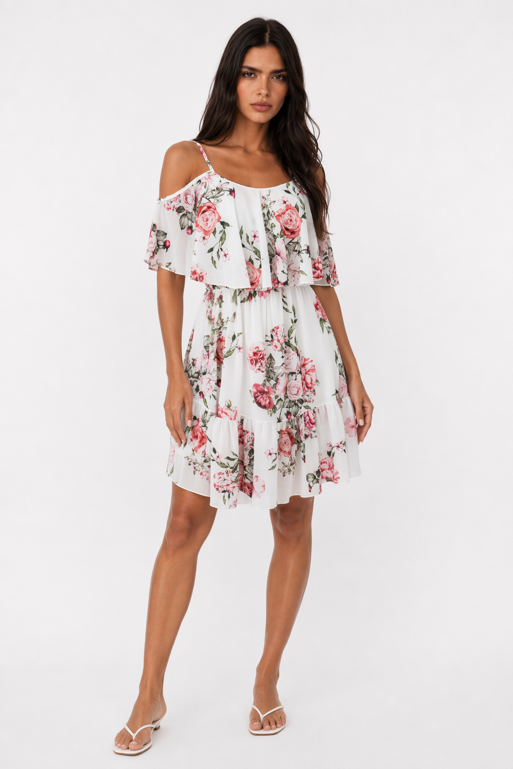 Chiffon Beach Dress with Ruffled Cold Shoulder for Women White