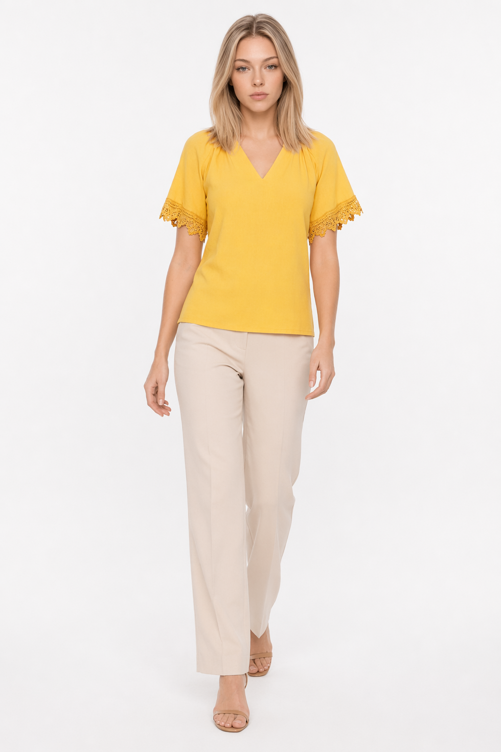 Ladies' V-Neck Tee with Delicate Lace Accents Yellow