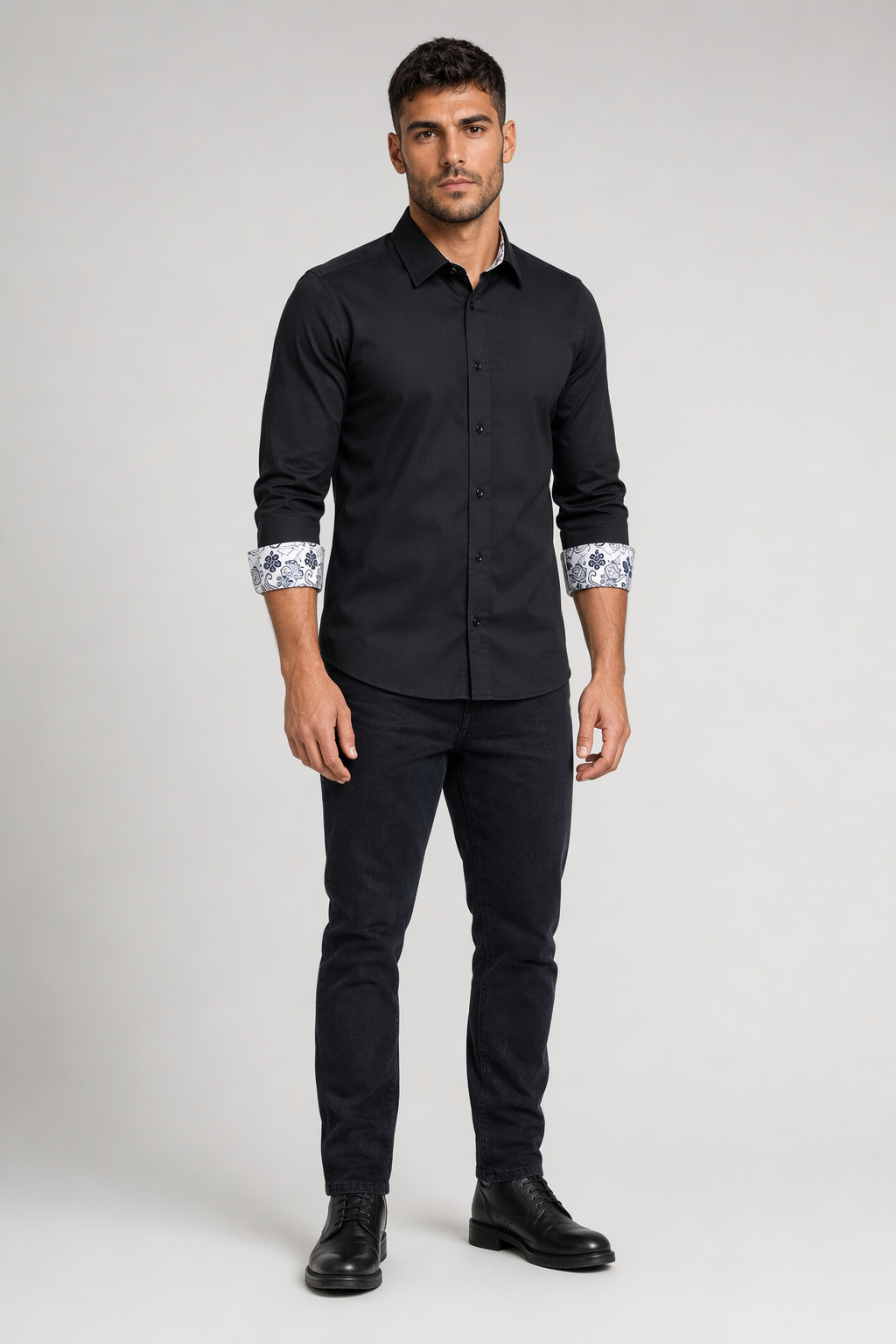 Flowery Inner Details Men's Button-Down Shirt Black