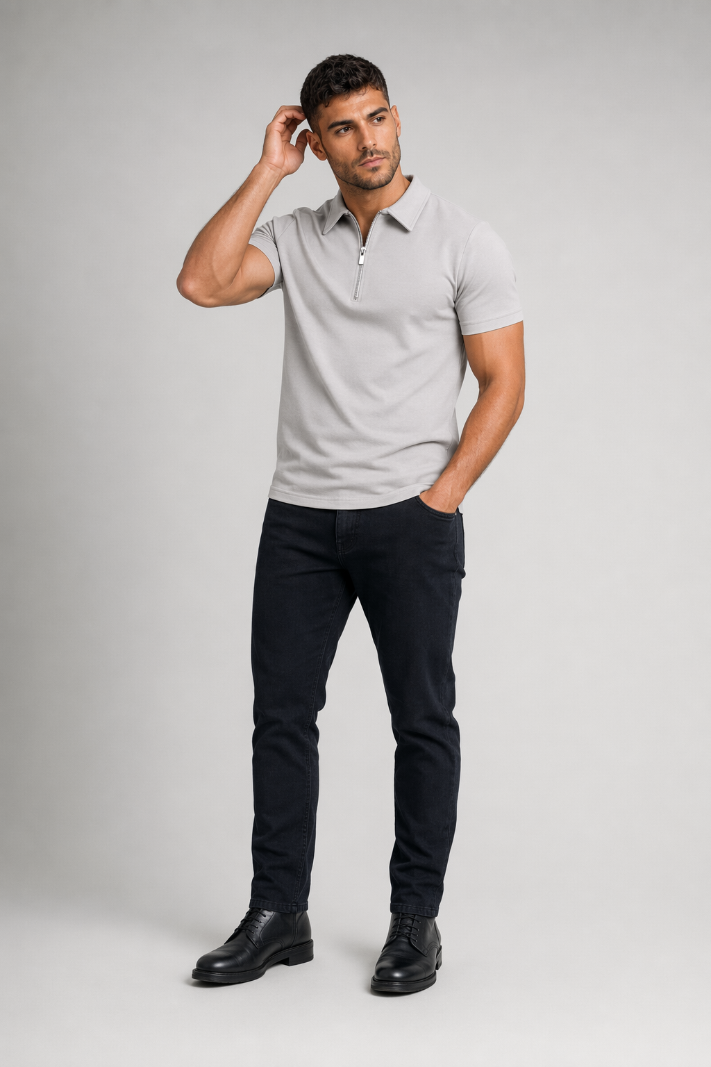 Zipper Polo Shirt for Men with Short Sleeves Light Gray