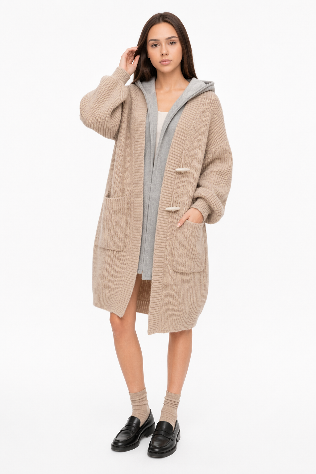 Layered Hooded Cardigan for Women - Redefining Fashion Khaki