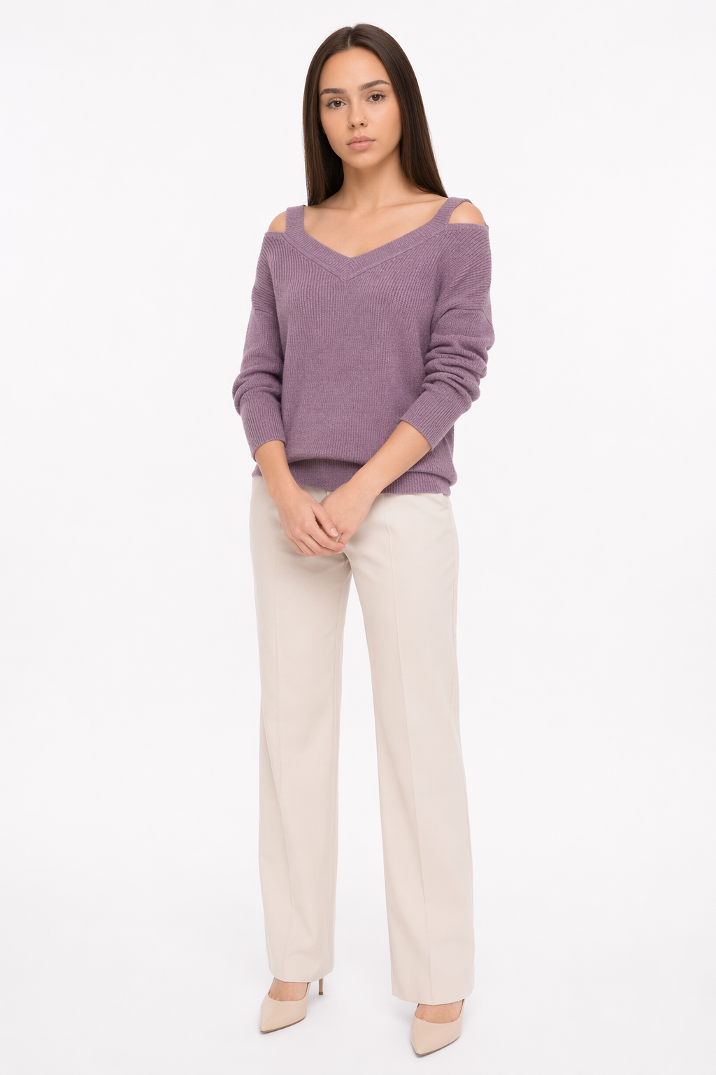 Cut V-Neck Sweater for Women Purple