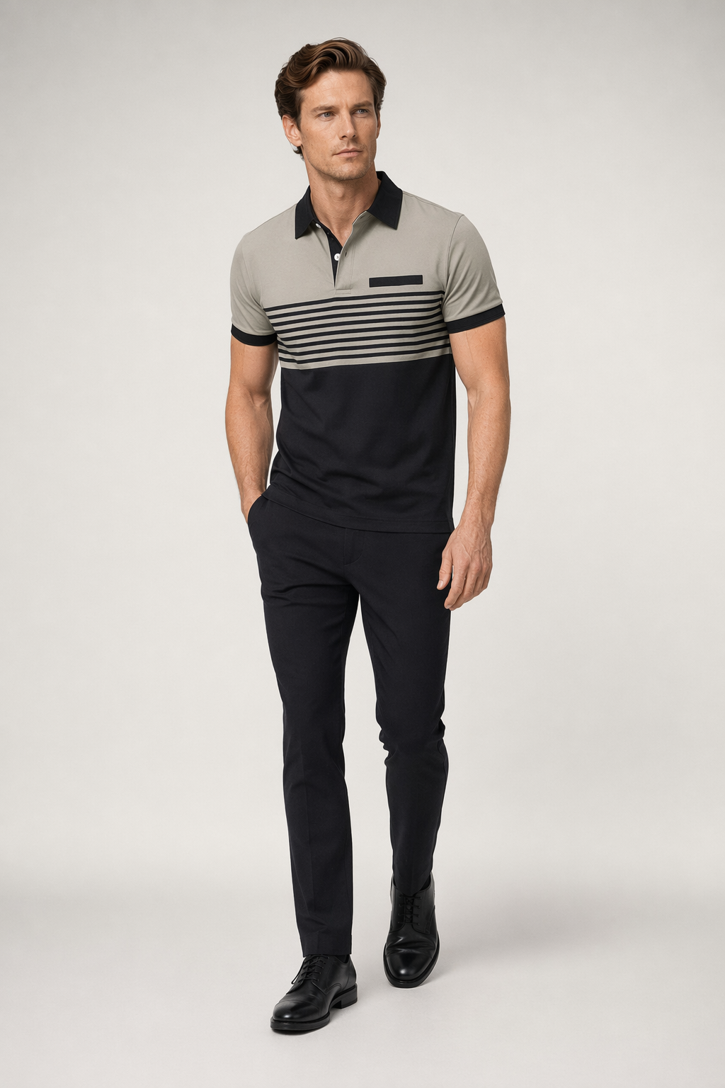 Short Sleeve Casual Polo Shirt with Striped Print for Men Khaki