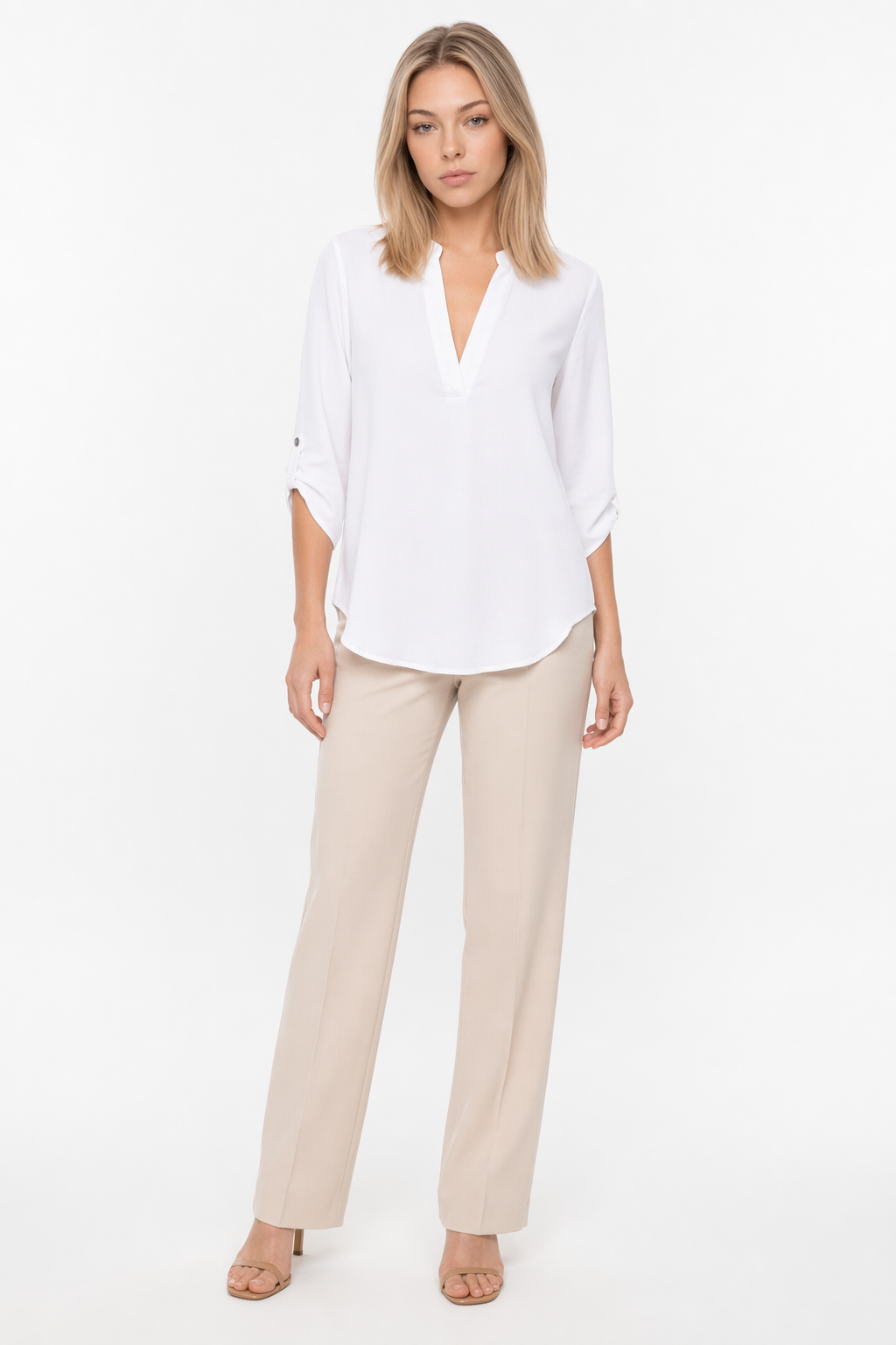 Quarter Sleeve Women's Top with a V Neckline White