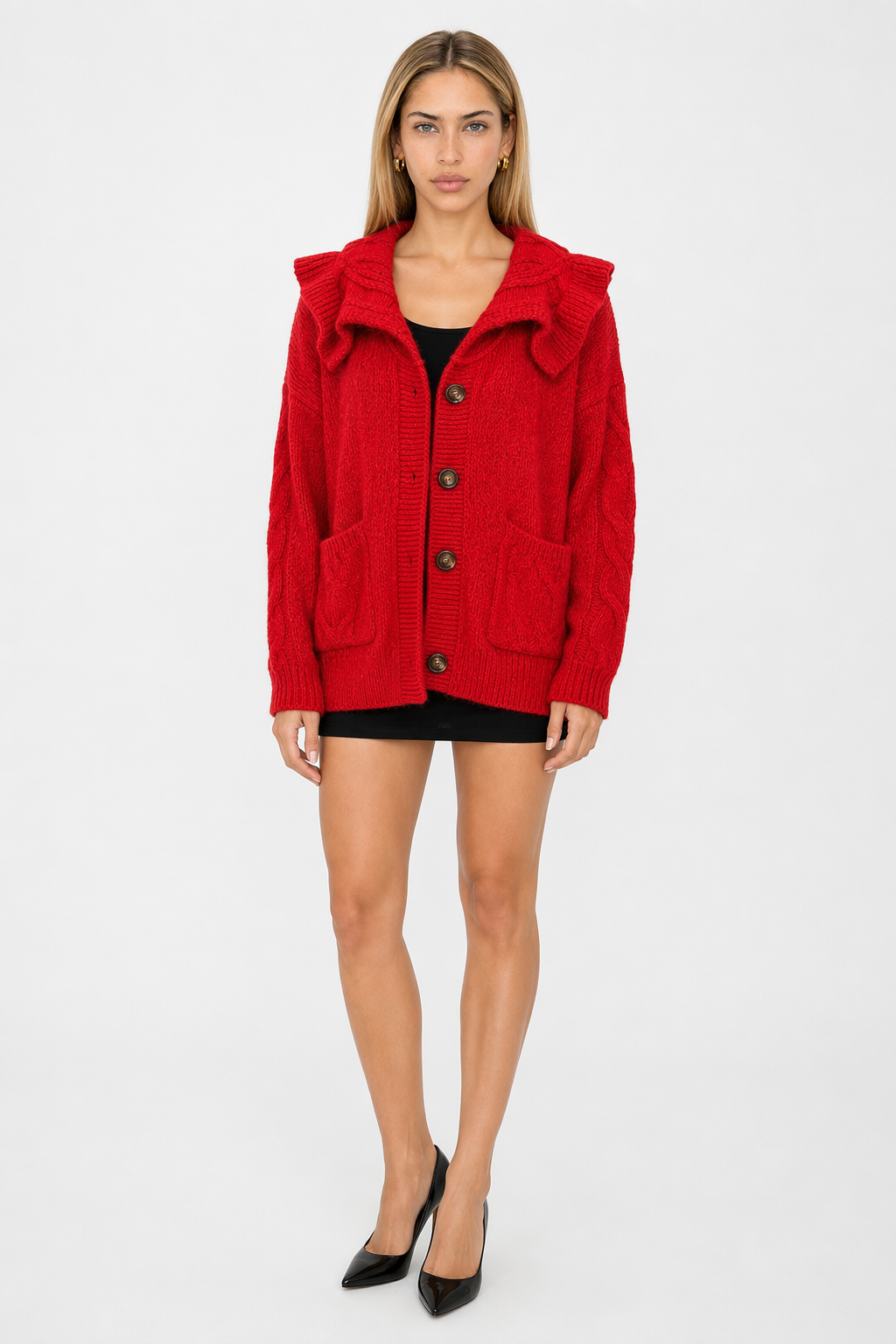 Ruffled Collar Ladies' Cardigan Red