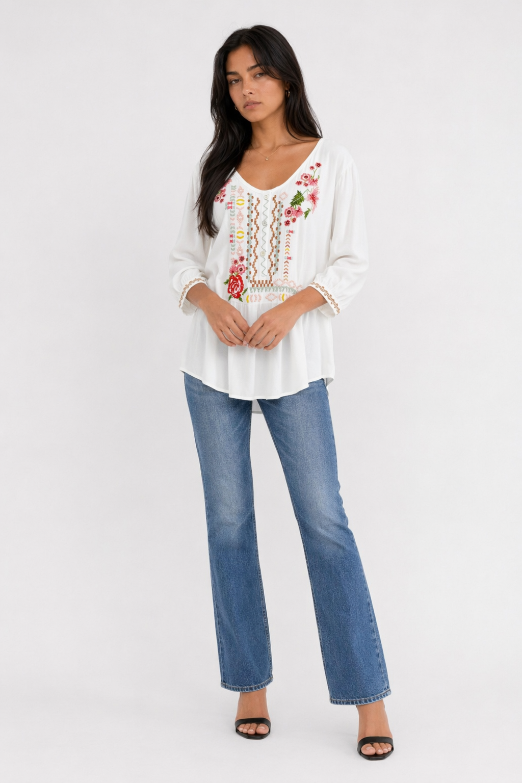 Embroidered Top with Three-Quarter Sleeves for Women White