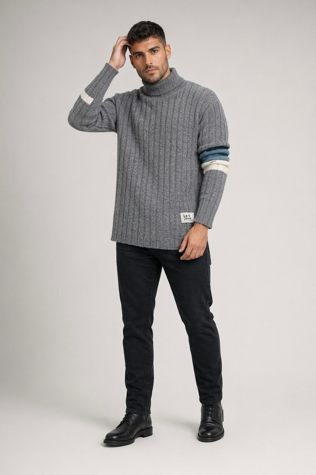 Stripe Sleeve Men's Turtleneck Sweater for Casual Wear Gray