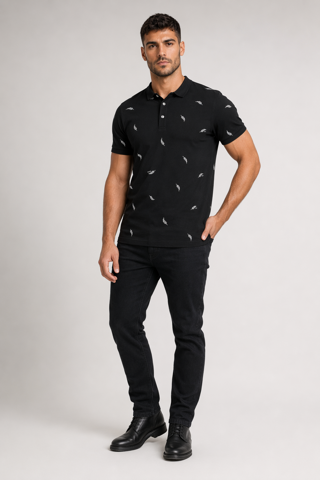 Feather Print Men's Polo Shirt - Short Sleeve Black