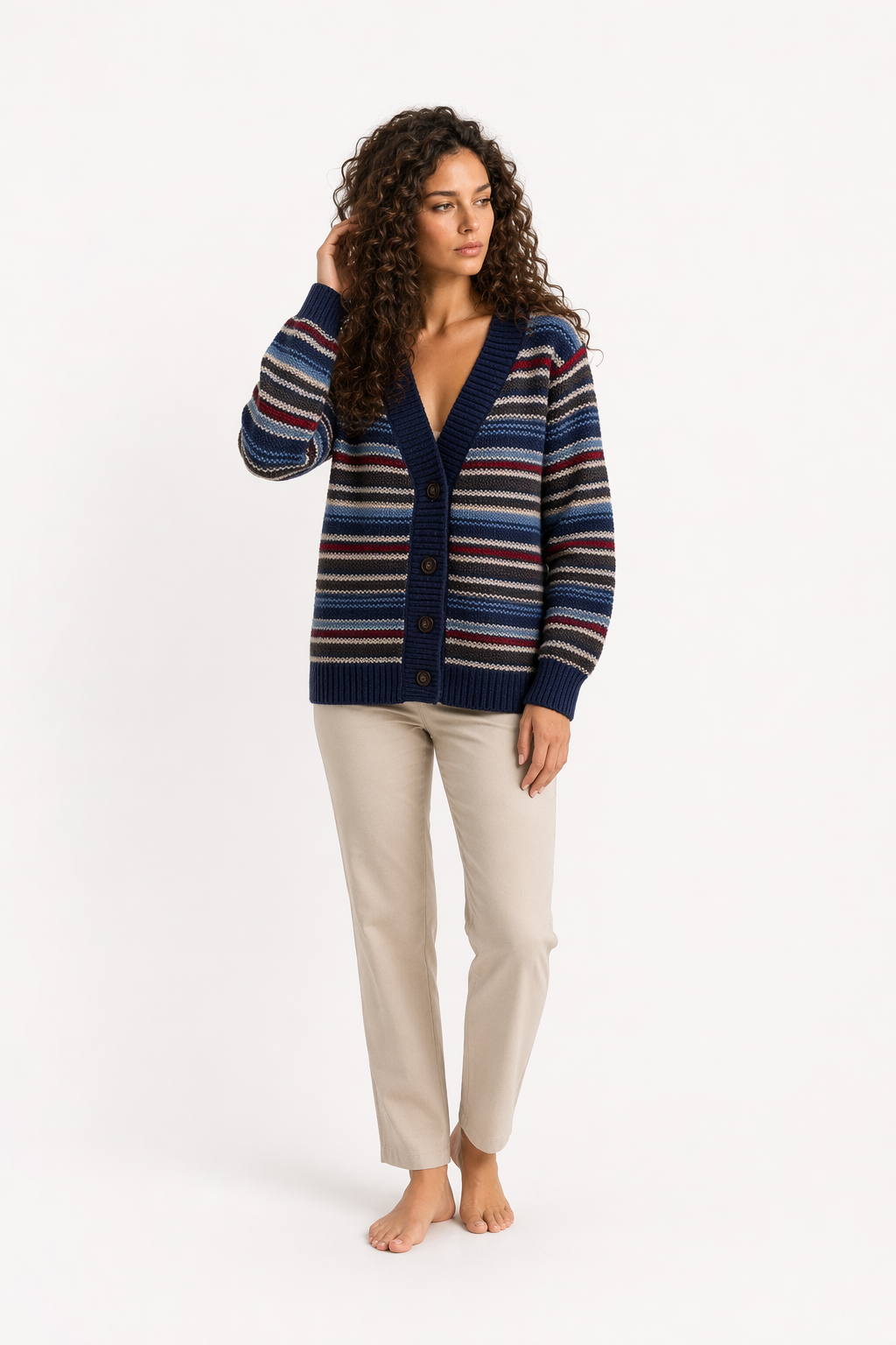 Striped Cardigan for Women with Button Front Navy