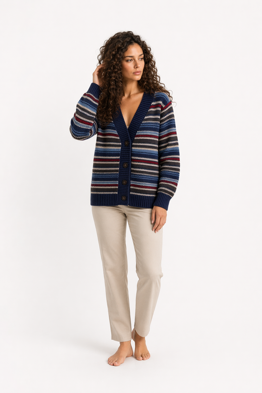 Striped Cardigan for Women with Button Front Navy