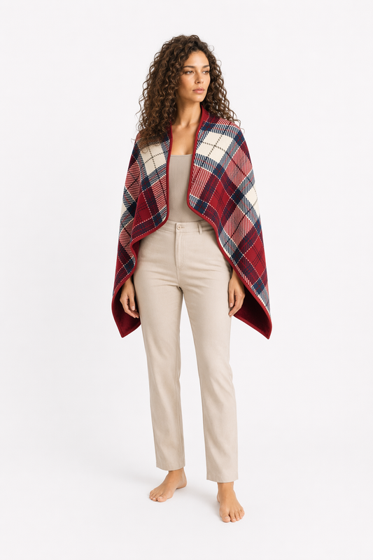 Double Layered Checkered Blanket with Versatile Functions Red