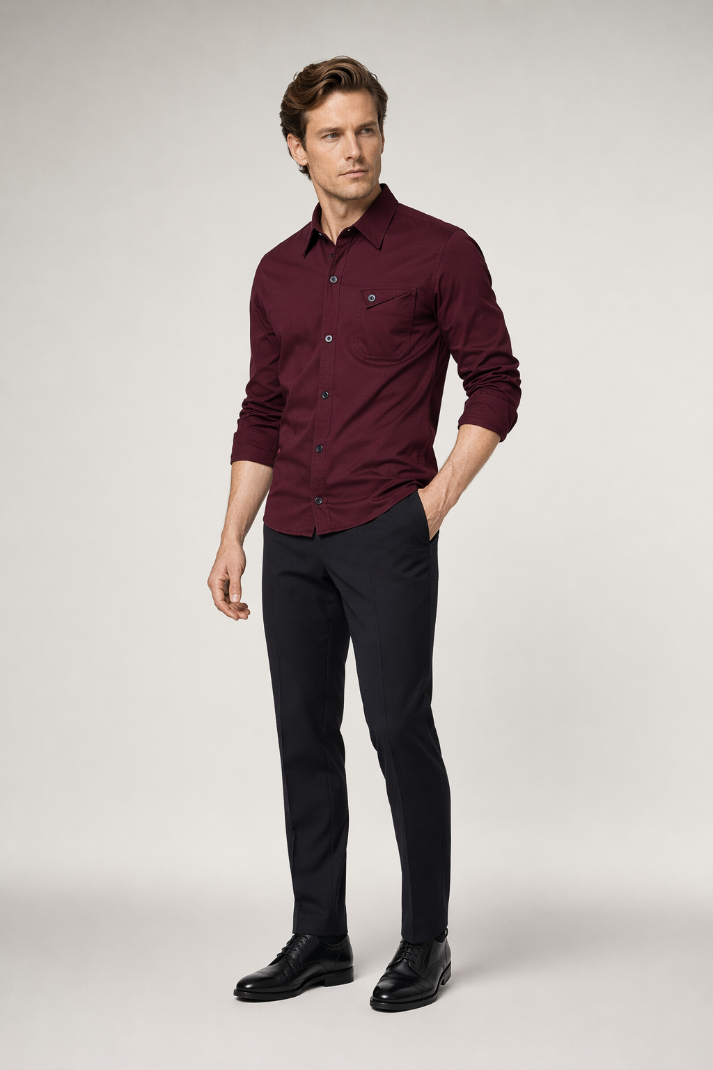 Classic White Long Sleeve Shirt with Flip Pocket and Button Front for Men Wine