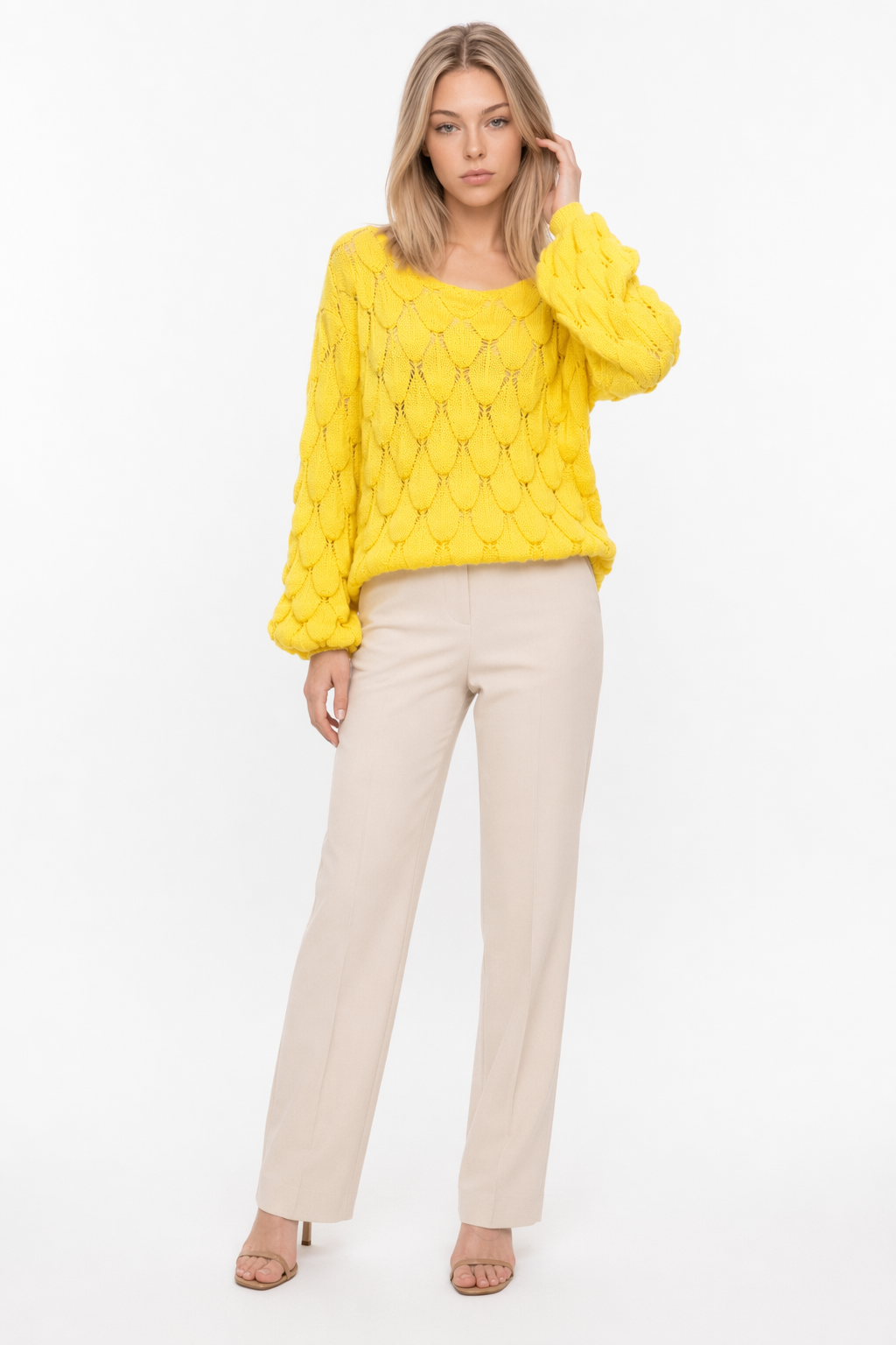Open Knit Bell Sleeve Blouse for Women Yellow