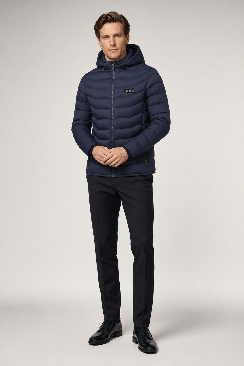 Winter Coat with Detachable Hood and USB-Powered Heating Element for Wind Resistance Navy