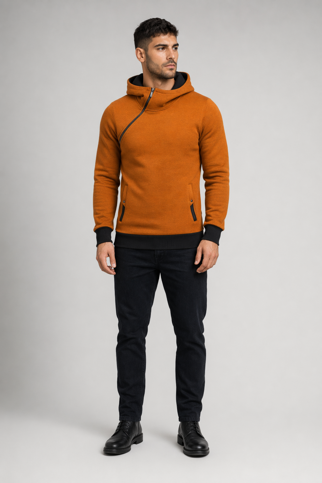 Zippered Hooded Sweatshirt for Men Brown