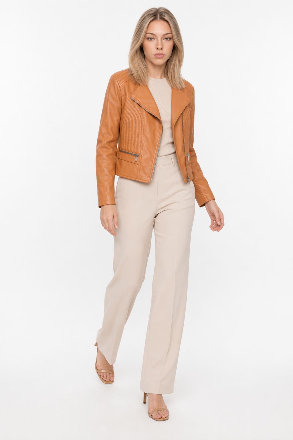 Cropped Motorcycle Jacket for Women with Slim Fit Camel