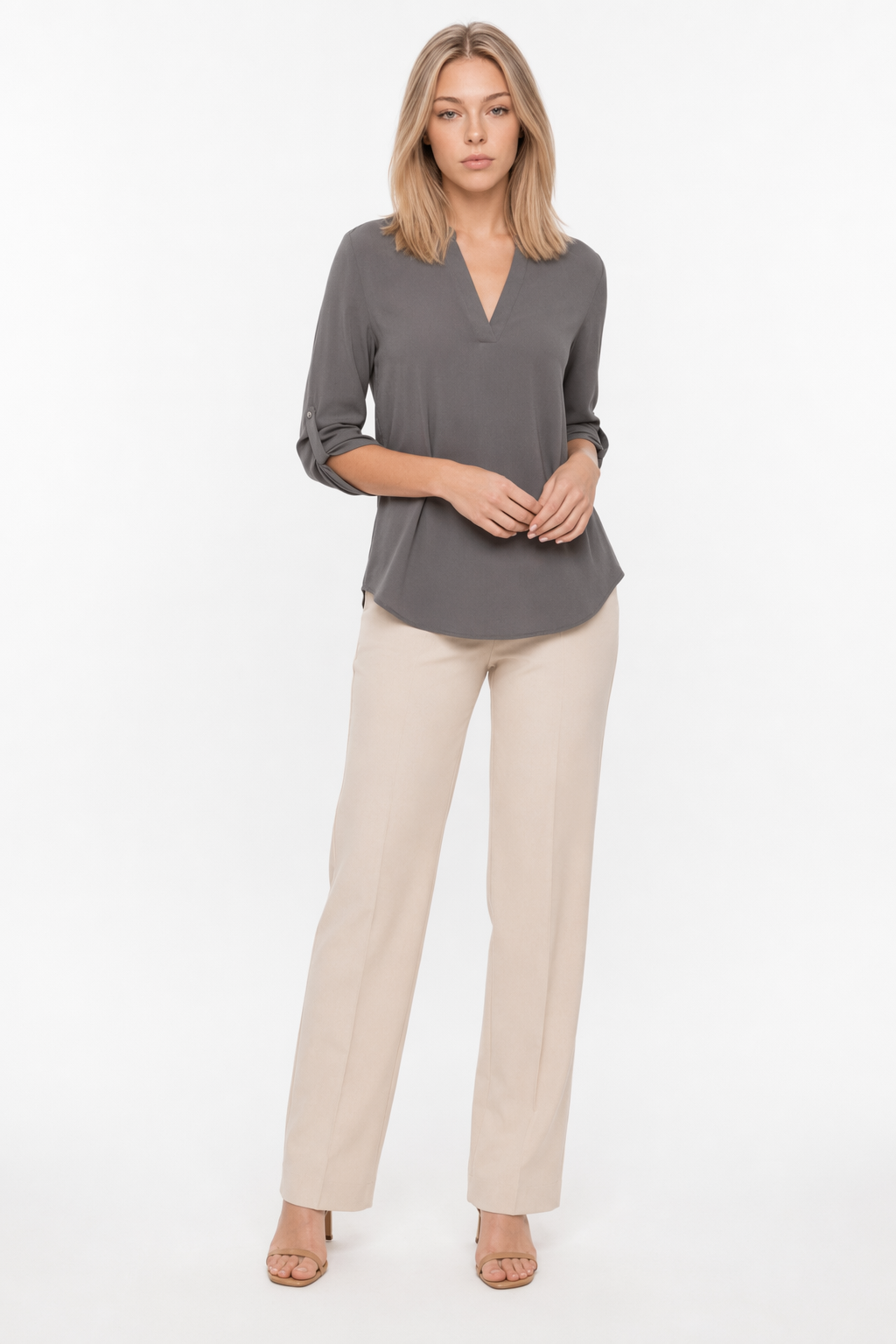 Quarter Sleeve Women's Top with a V Neckline Gray