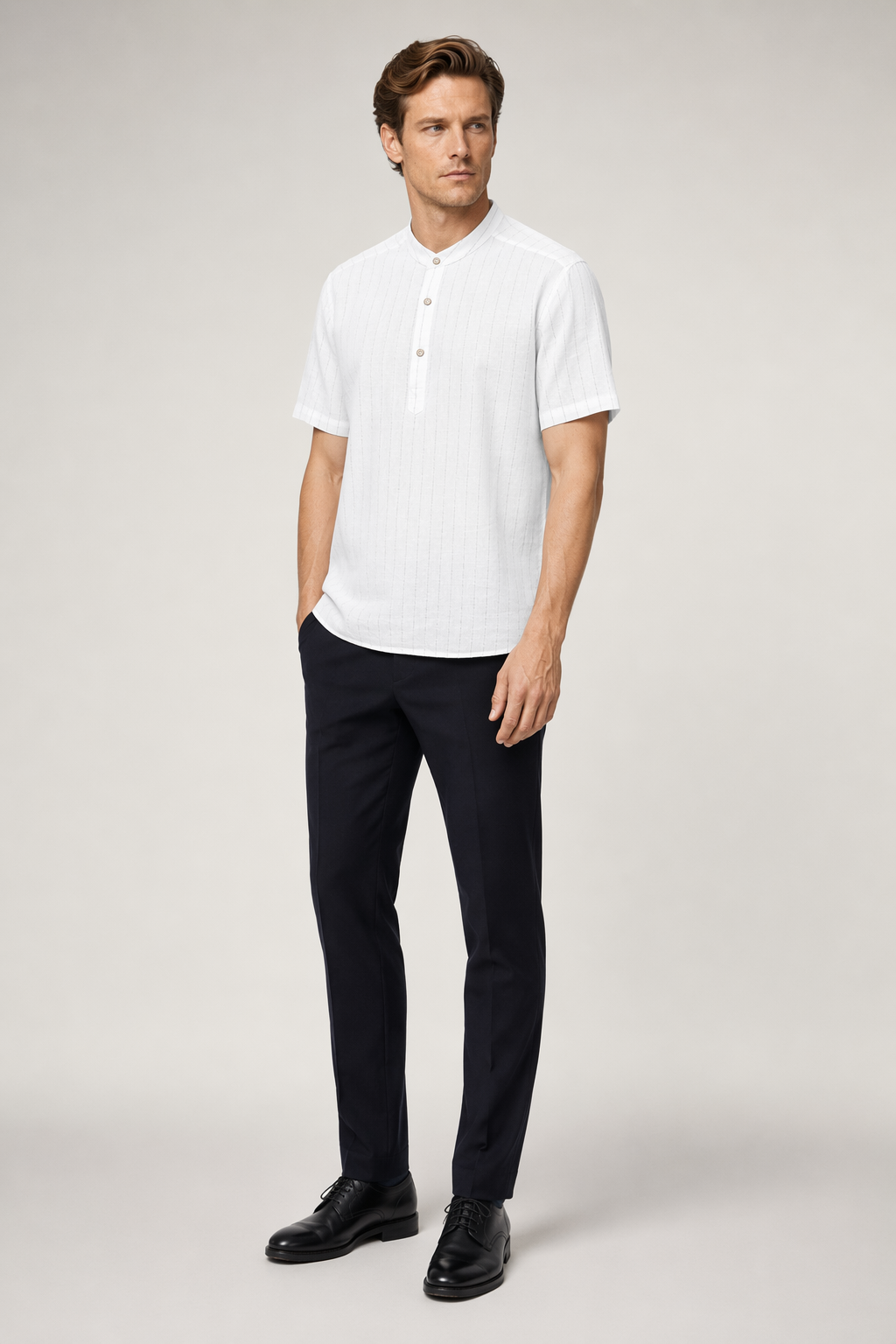 Short Sleeve Linen Striped Shirt for Men White