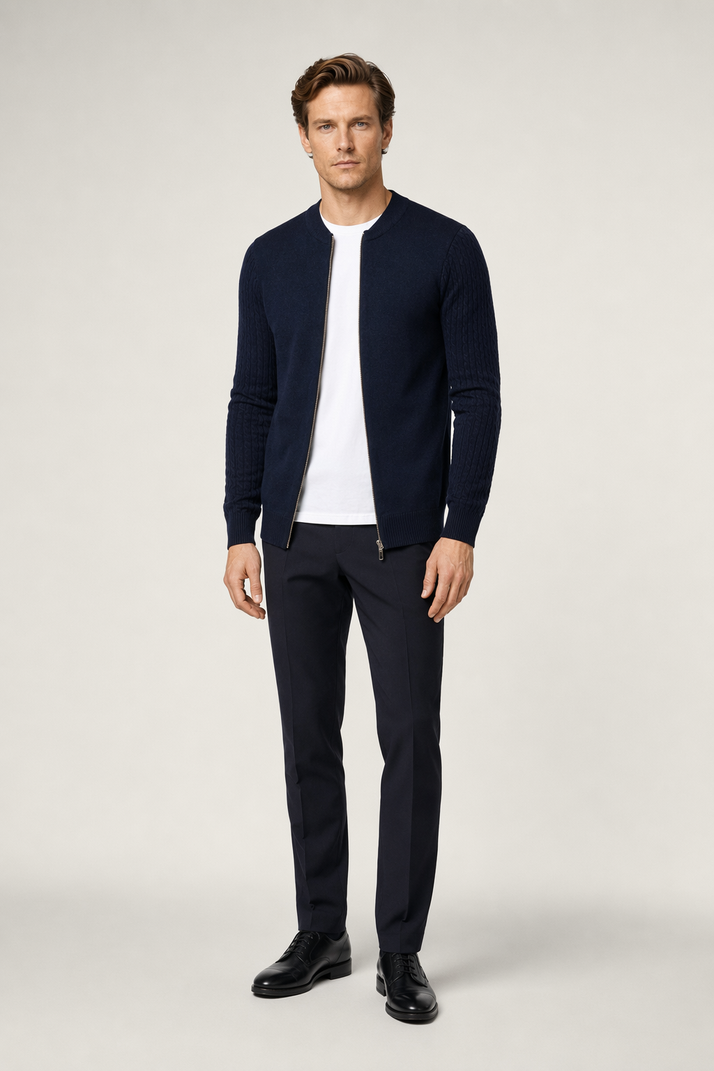 Zip Up Men's Cardigan with Round Neck Navy