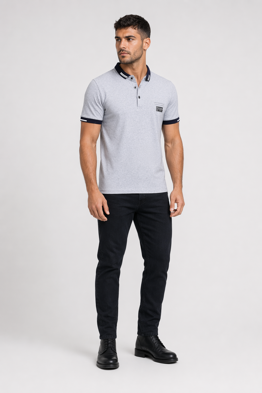 Two Tone Polo Shirt for Men with Short Sleeves Gray