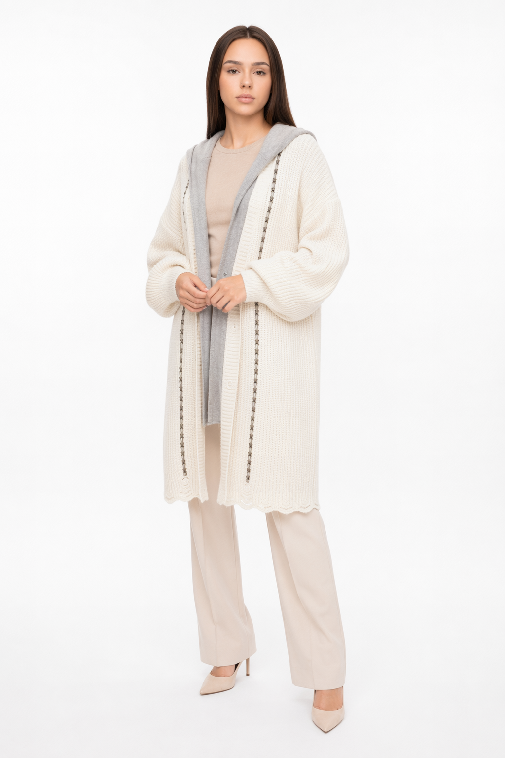 Layered Hooded Cardigan for Women - Redefining Fashion Off White